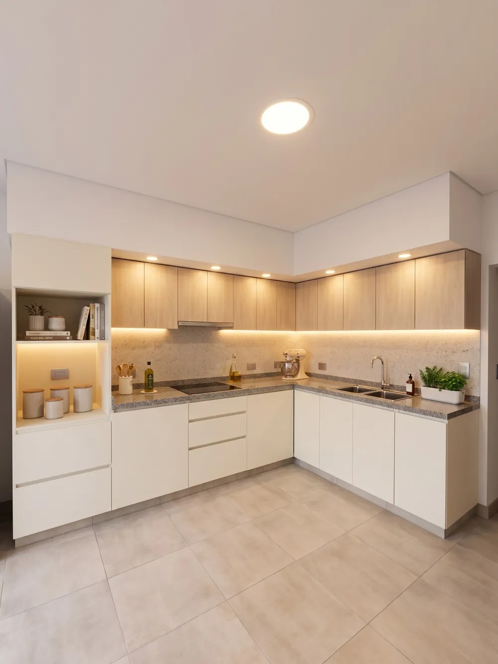 Diseño de cocina en L con alacenas de madera clara e iluminación LED